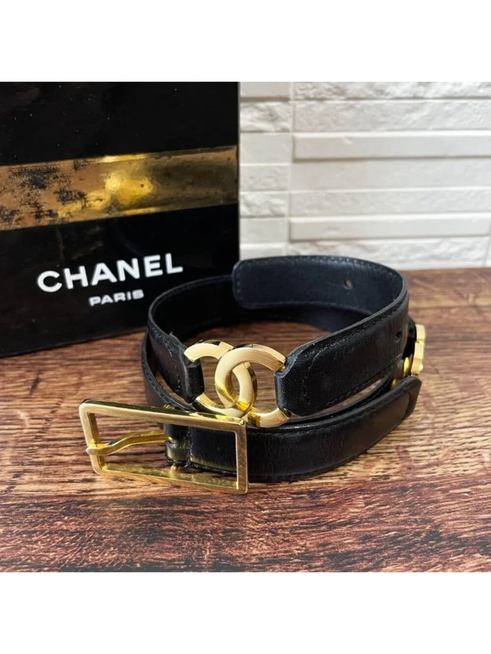 Chanel Leather Double CC Logo Gold Belt Black